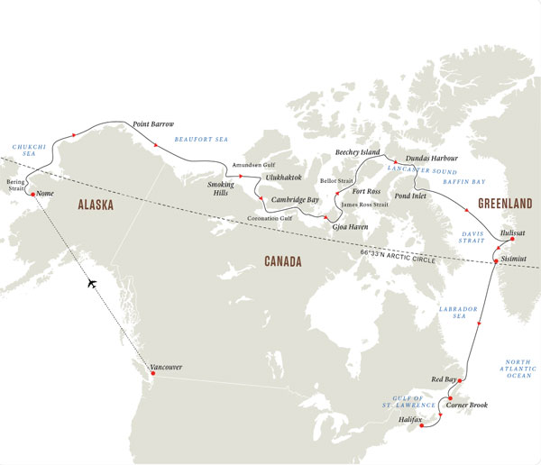 Expedition Cruises | 25-Night Northwest Passage  In the Wake of the Great Explorers Iinerary Map