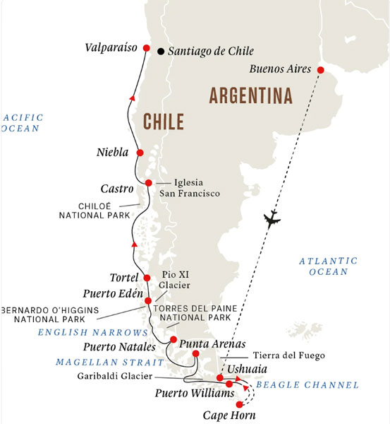Expedition Cruises | 15-Night Patagonia & Chilean Fjords Expedition Iinerary Map