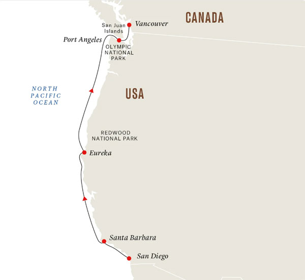 Expedition Cruises | 7-Night US West Coast Highlights & National Parks Iinerary Map