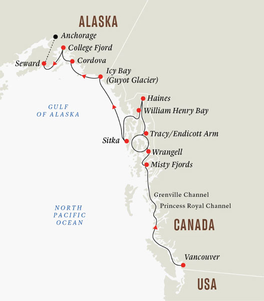 Expedition Cruises | 12-Night Alaska & British Columbia: Wilderness & Glaciers (Northbound) Iinerary Map