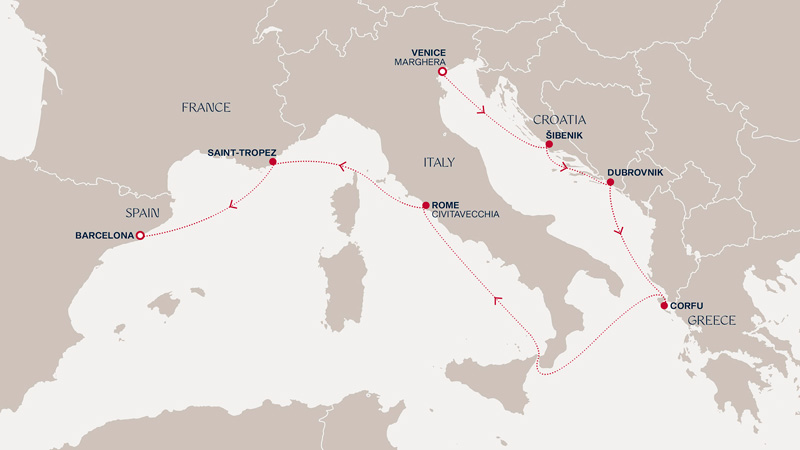Expedition Cruises | 11-Night Gondolas, Glamour & Gaudi Iinerary Map